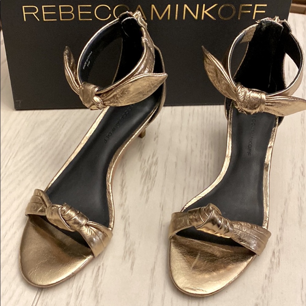 Rebecca Minkoff Metallic Gold Knot Ankle-Strap Sandals